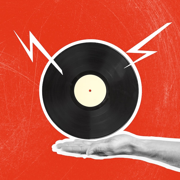 Timelsess music. Composition with retro vinyl record on bright background.