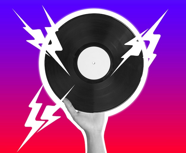 Timelsess music. Composition with retro vinyl record on bright background.