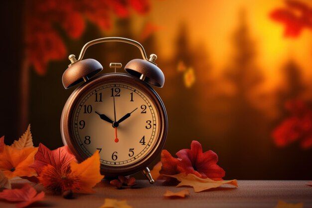 Timely alarm clock autumn wood table generate ai