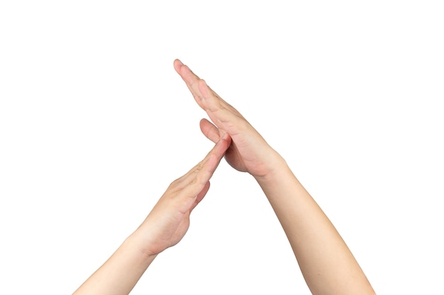 TimeOut teken en simbol van Aziatische menselijke hand met isoleren witte achtergrond en uitknippad.
