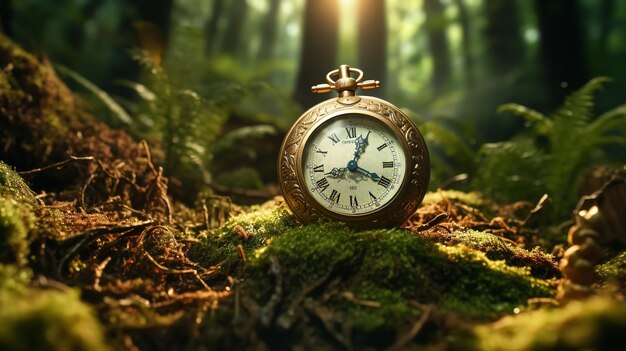 A timer clock is set up on the forest floor to represent the losses that occur when time passes more slowly in the natural environment Generative Ai