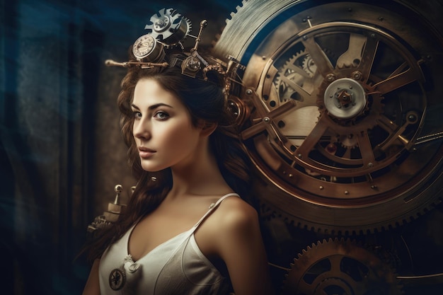 Timetraveling Elegant Woman Amidst Clockwork Gears