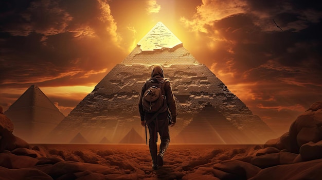 Timetraveling explorer amidst ancient pyramids