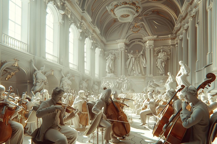Photo timetraveling symphony with musicians from differe