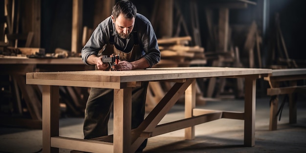 Timmerlieden maken houten meubels in de timmerkunst