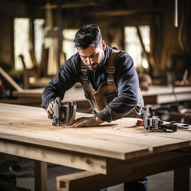 Timmerlieden maken houten meubels in de timmerkunst