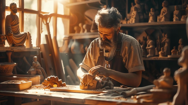 Timmerman aan het werk in zijn atelier Hij is geconcentreerd op het snijden van een houten figuur