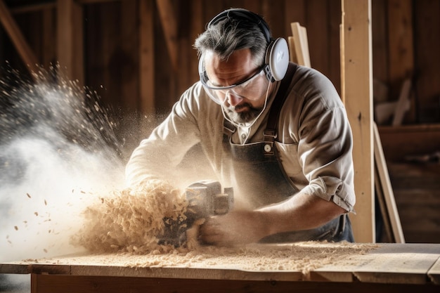 Timmerman blaast zaagsel van een houten plank