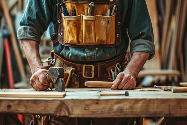 timmerman die een tafel bouwt in een werkplaats met een hamer en een handige blik op hun gezicht en een gereedschapsgordel met een spijker op hun taille