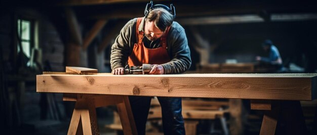 Foto timmerman die hout verwerkt in de zagerij