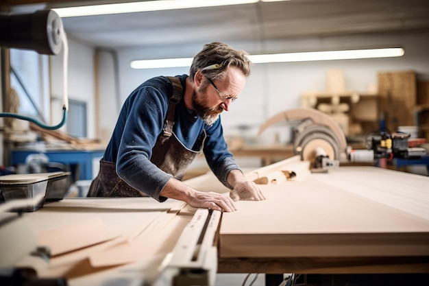 Timmerman die mdf-plaat snijdt in werkplaats