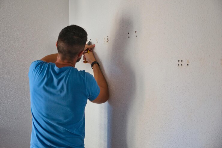 Timmerman die schroeven uit de muur verwijdert. Thuiswerken.