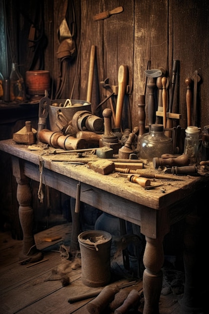 Timmerman gereedschappen op houten werkbank gemaakt met generatieve ai