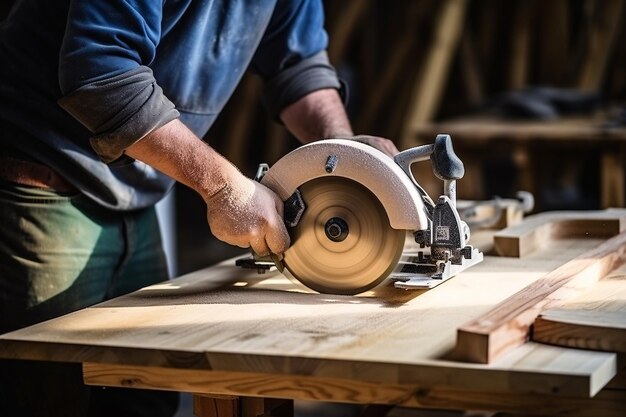 Foto timmerman werkt met een cirkelzaag op een houten tafel closeup