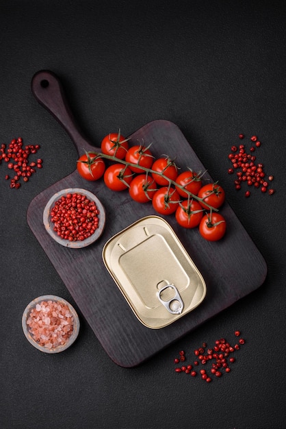 Tin or aluminum rectangular can of canned food with a key