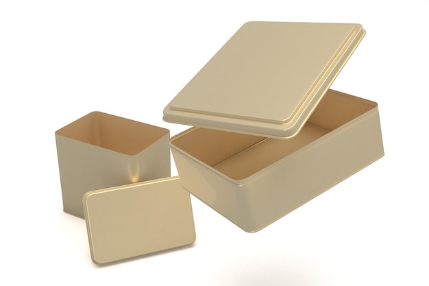 Tin Boxes In Different Sizes Floating Isolated In White Background