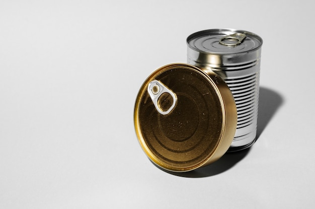 Tin can for food on gray background