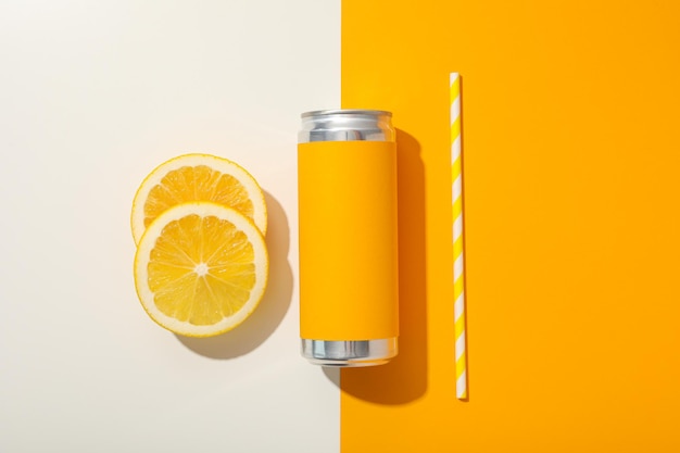 Tin can orange and straw on orange background top view