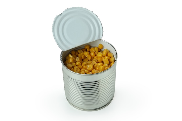 Tin of canned corn isolated on white