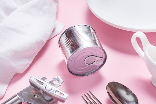 Tin Canned meal on kitchen table, top view