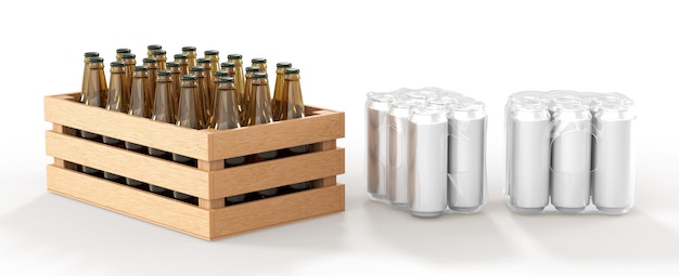 Tin cans in plastic wrap and wooden box full glass bottles beer front and angle view Mockup of metal jars in transparent pack and wood crate with alcohol drinks on white background