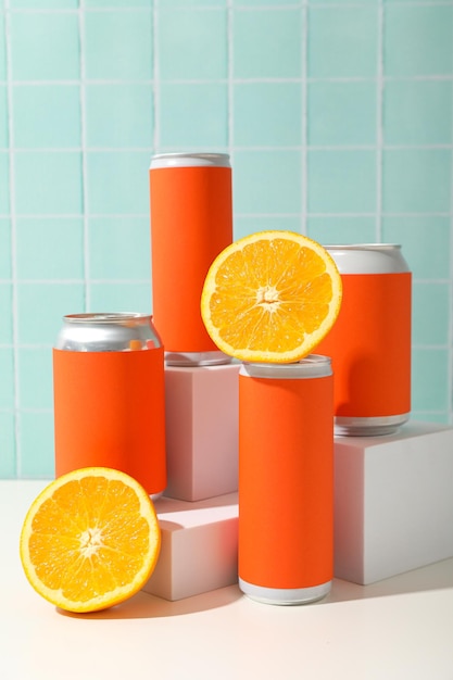 Tin cans with red labels and oranges on blue background