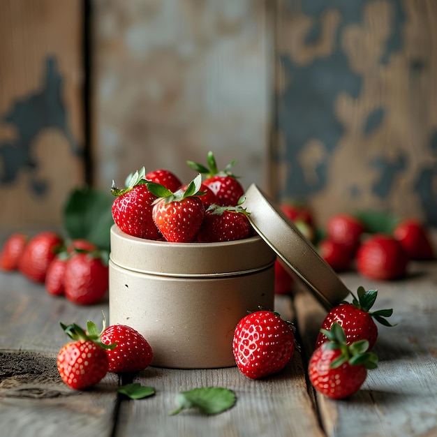 A tin full of strawberries on a wooden table