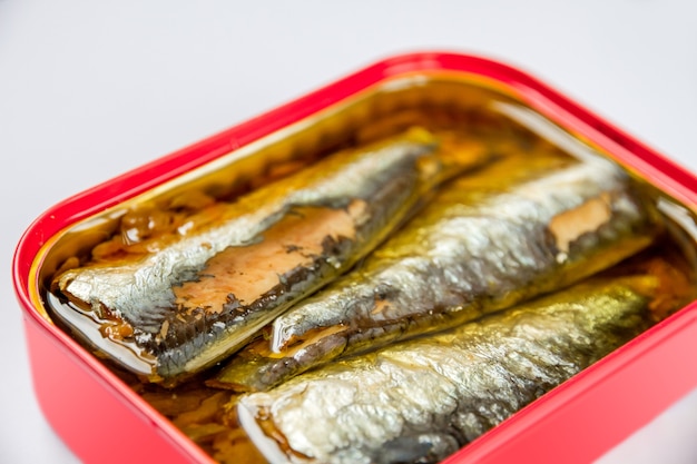 Tin of sardines in oil isolated on white background