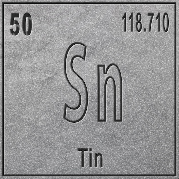 Tin scheikundig element, bord met atoomnummer en atoomgewicht, periodiek systeemelement, zilveren achtergrond