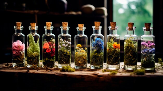 Tincture of herbs and flowers in a bottle Generative AI Nature