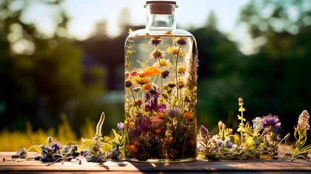 Tincture of herbs and flowers in a bottle Generative AI Nature