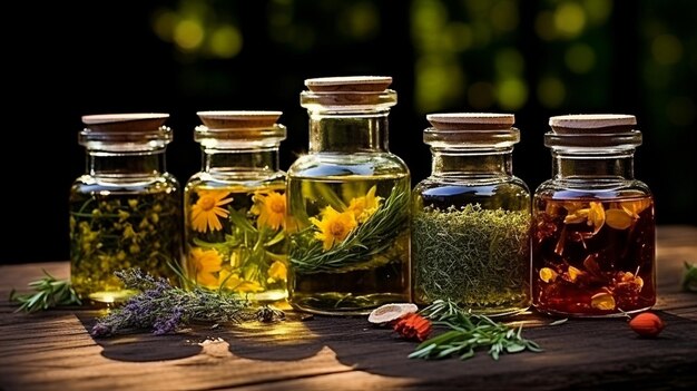 병에 있는 약초와 꽃의 팅커 (Tincture of Herbs and Flowers in a Bottle) 약초 의약품 인공지능 (Generative AI)