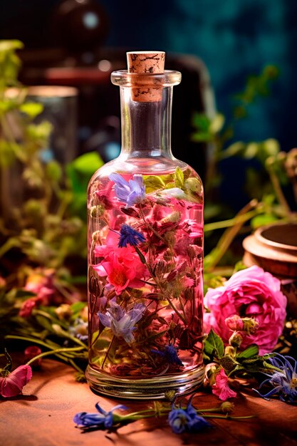 Tinctuur extract van kruiden en bloemen in een fles Generatieve AI Natuur