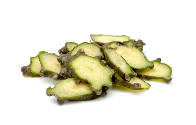 Tinospora cordifolia or Tinospora crispa sliced isolated on white background