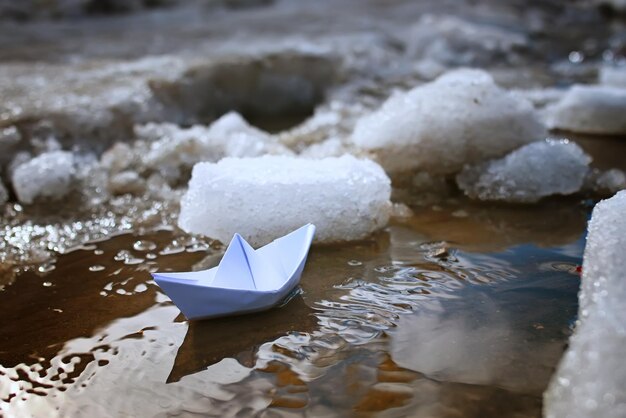 Tinted photo paper boat on spring street