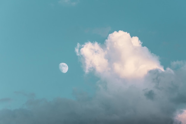 Tinted sky Moon and clouds in the evening sky.