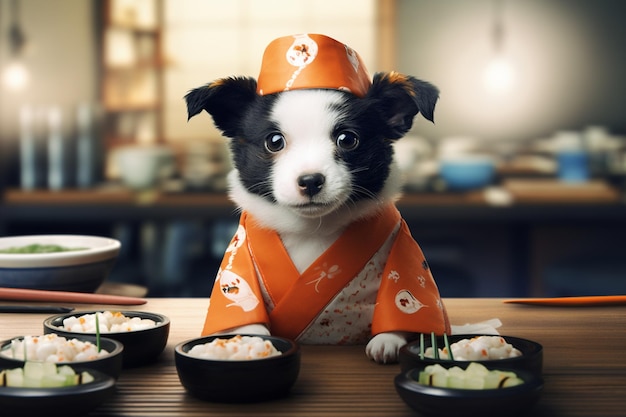 A tiny Australian Cattle Dog puppy in a sushi chef 00534 01