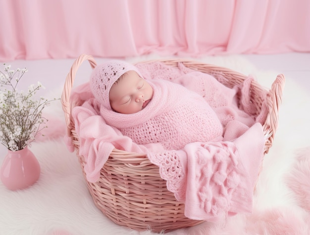 Tiny basket decor voor newborn studio fotoshoot gevuld met bont en gebreide speelgoed close-up Baby baby handgemaakt meubilair