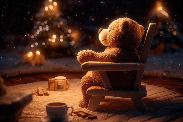 Photo a tiny bear sitting on a wooden chair by the fire with a cup of hot chocolate starry night magic snow background generative ai