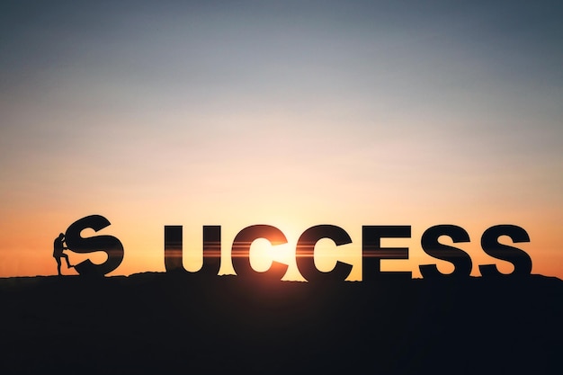 Tiny businesspeople putting backlit success letters together on sunset sky backdrop with mock up place Teamwork challenge and positive idea concept