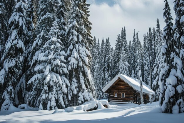 Tiny cabin surrounded by snowcovered pines in winter ai generated