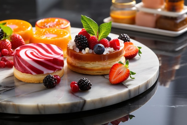Фото Крошечные пироги и мармелад на тарелке на мраморной поверхности