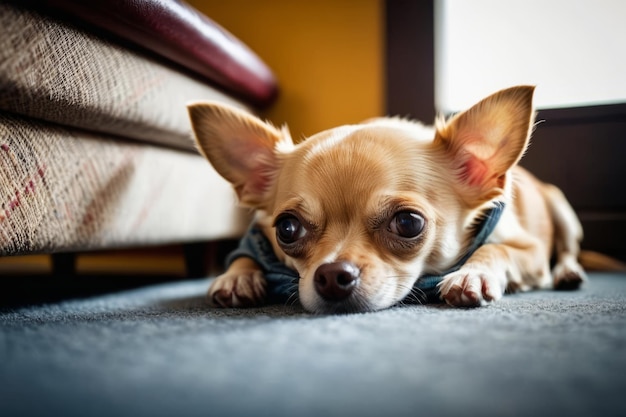 Tiny chihuahua comfortably asleep under chair tucked between table leg and cushion