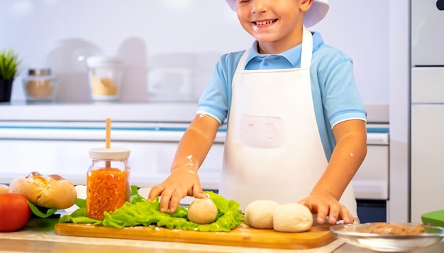 Tiny Culinary Master Little Cook in schort en koksmuts die heerlijke lekkernijen bereidt Een culinair