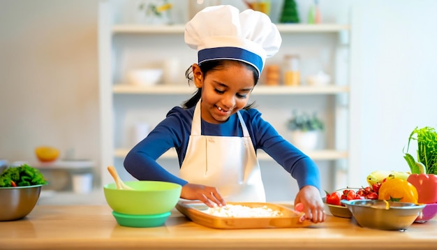 Tiny Culinary Master Little Cook in schort en koksmuts die heerlijke lekkernijen bereidt Een culinair