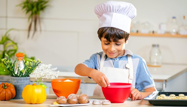 Tiny Culinary Master Little Cook in schort en koksmuts die heerlijke lekkernijen bereidt Een culinair