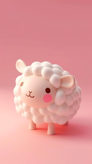 Tiny cute 3D isometric sheep plush toy with smooth lighting soft pink background