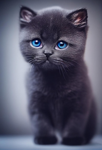 Tiny cute adorable black british shorthair kitten with black backgroundstudio lightingpure breed