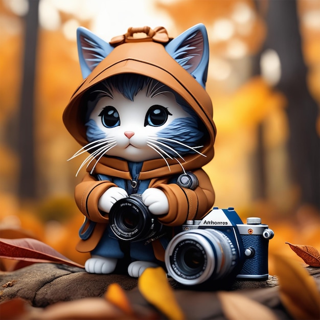 tiny cute and adorable kawaii chibi kitten with a camera explorer dressed in a overcoat with surviv