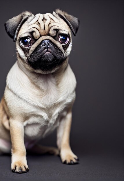 Tiny cute adorable pug puppywith black background studio\
lighting adopt a puppy pure breed